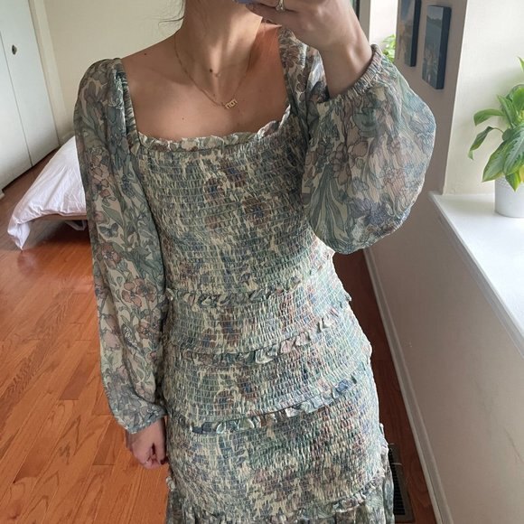 LoveShackFancy Floral Tiered Sabrina Long Sleeve Dress Size Medium - Picture 4 of 8